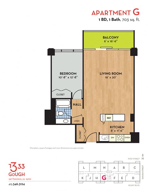 Floor plan for 1 bed, 1 bath, 703 sqft